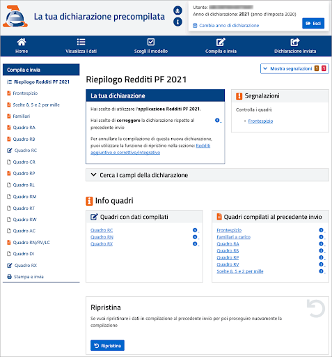Modello Redditi aggiuntivo, schermata iniziale dall’area del precompilato dell’Agenzia delle Entrate.